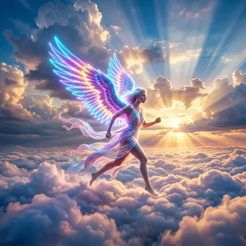 Ethereal Angel Wings Radiating Neon Glow Sprinting on Heavenly Clouds