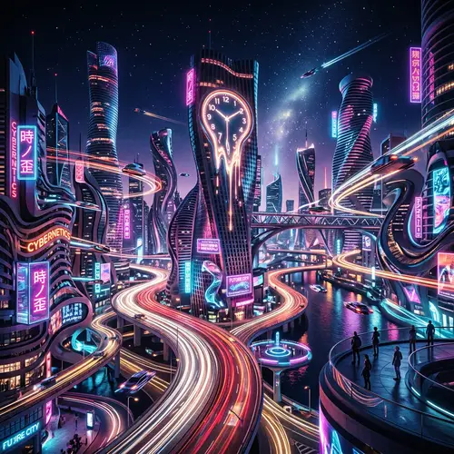 Surreal Cyberpunk City Nightscape: Futuristic Architectural Elements