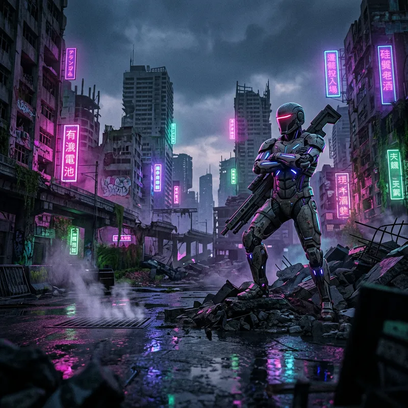 Futuristic Cyborg in Neon City - Cyberpunk Universe