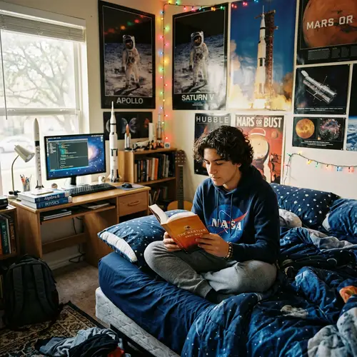 15-Year-Old Hispanic Teen Reading in Bedroom | Space Exploration Theme