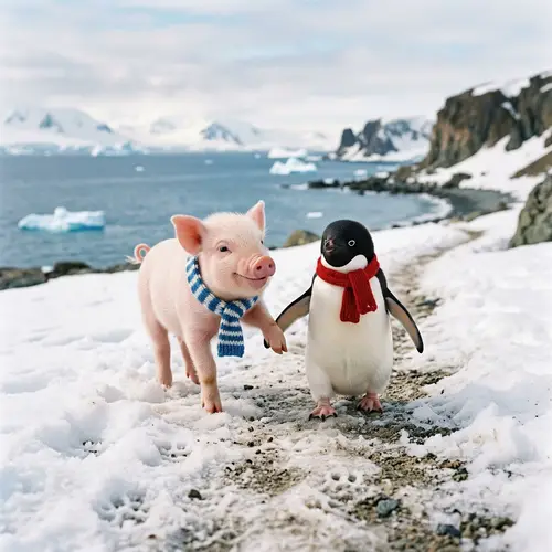 Small Pig Holding Hands with Little Penguin