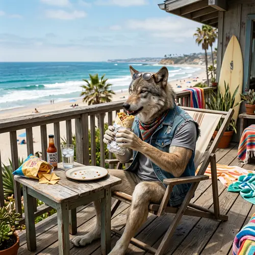 Fit Wolf Enjoying Burrito at Beach House