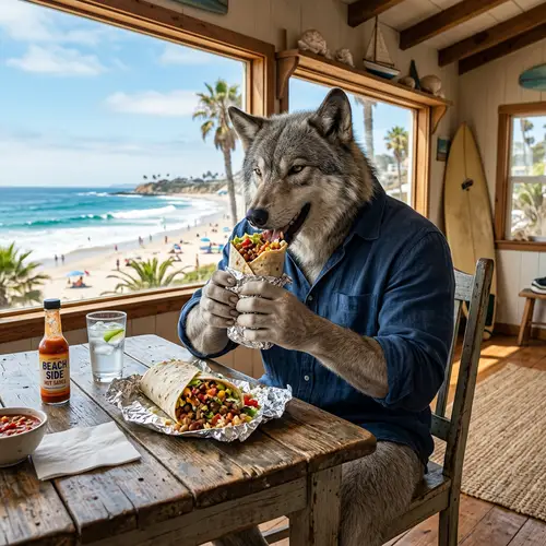 Physically Fit Wolf Enjoying Burrito at Beach House