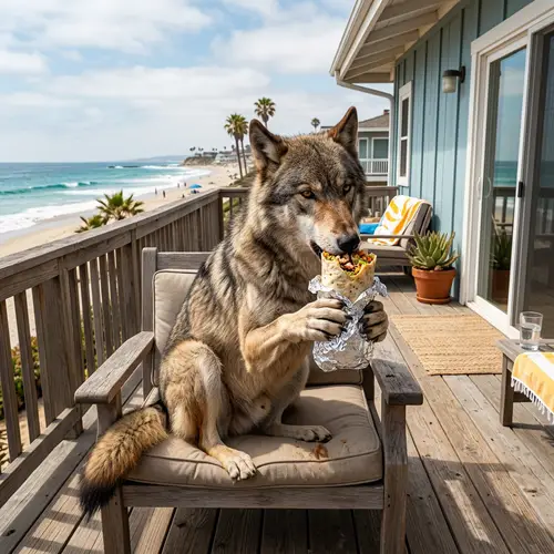Fit Wolf Enjoying Burrito on Beach House Terrace