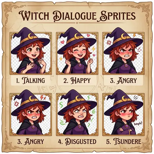 Witch Sprite Sheet for Text Dialogue Boxes