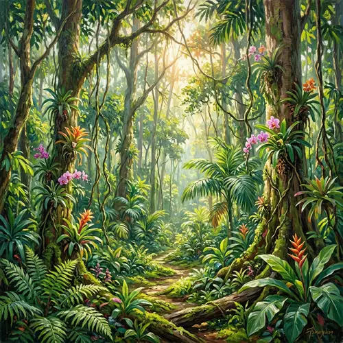 Morning Light in a Lush Jungle: An Impressionist View