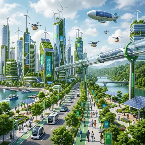 Futuristic City Concept with Solar Panels, Drones & Green Spaces