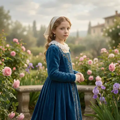 Caucasian Girl in Renaissance Attire | Tranquil Garden Setting