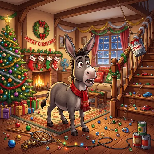 Funny Cartoon Donkey in Festive Christmas Home Setting