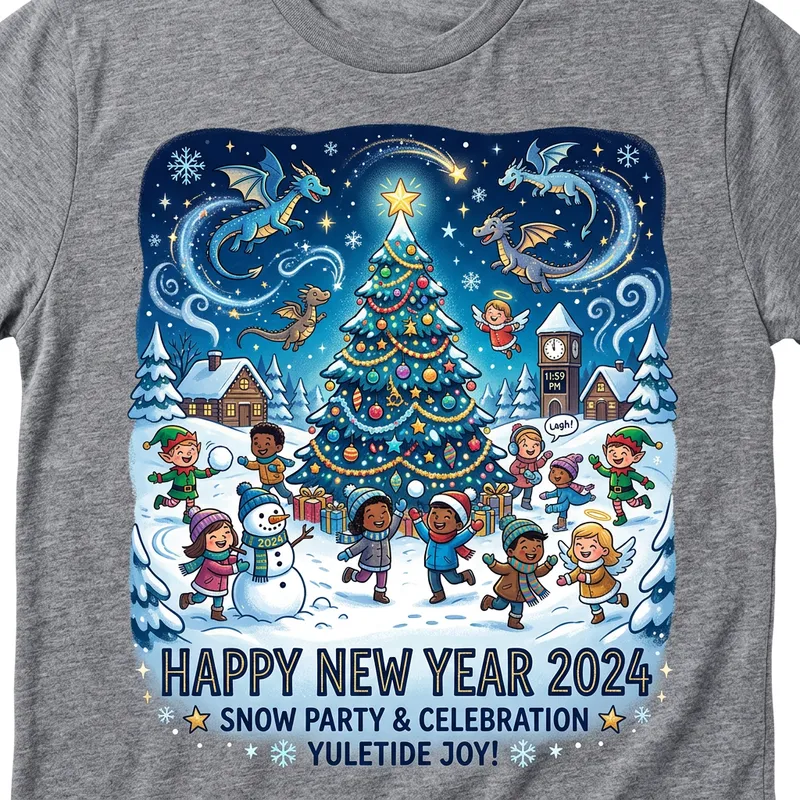 2024 New Year's Eve Party T-Shirt with Christmas Theme and Snow Party Fun