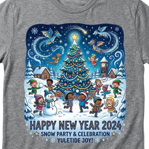 2024 New Year's Eve Party T-Shirt Design with Festive Cartoon Illustration