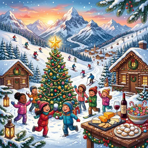 Wintry Mountainscape Illustration with Skiers, Christmas Tree & Holiday Treats