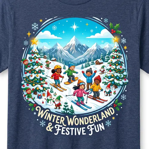 Whimsical Christmas Scene with Children Skiing | Festive T-shirt Illustration