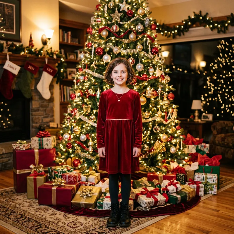 Festive Girl in Red Dress by Christmas Tree with Blue Eyes Festive Girl in Red Dress by Christmas Tree with Blue Eyes