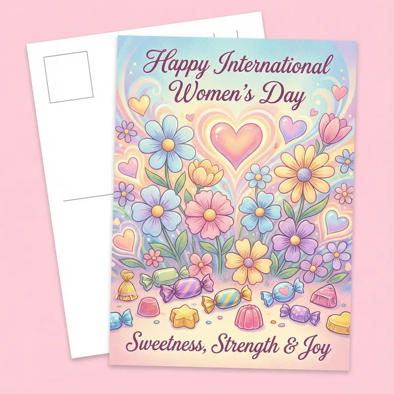 International Women's Day Postcard Design | Colorful Flowers, Love Symbols & Candies