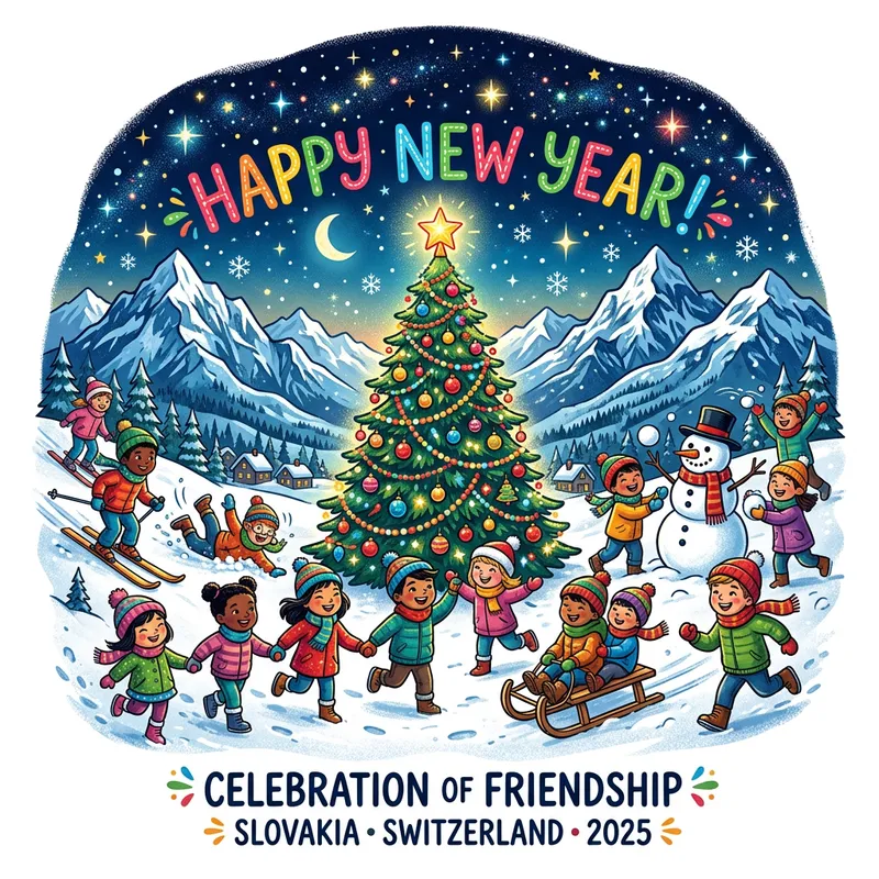 New Year T-Shirt Design: Ski Slopes, Christmas Tree & Playful Kids