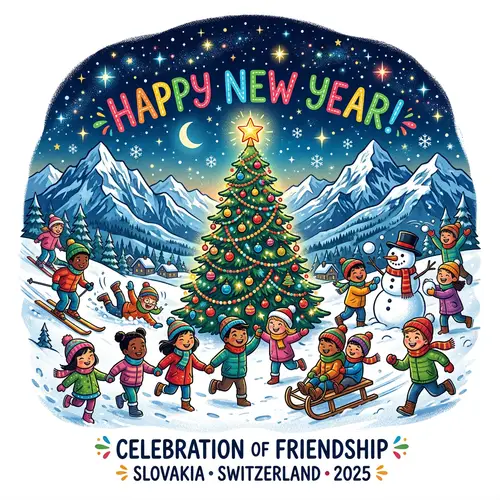 Multicultural New Year T-Shirt Design with Snowy Mountain & Christmas Tree