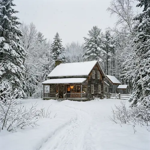 Rustic Winter House Surrounded by Snow-Covered Trees