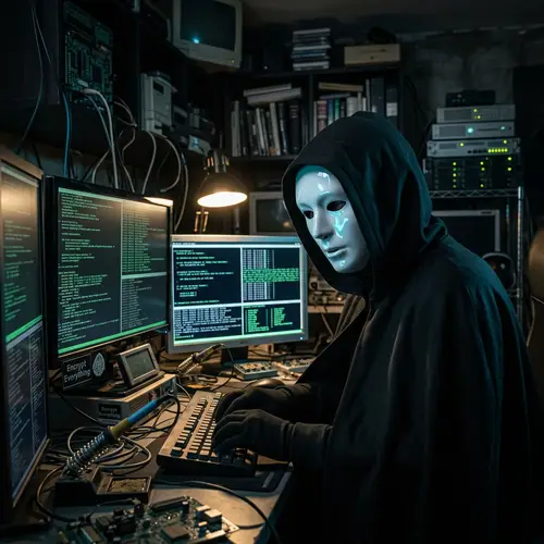 Hooded Cypherpunk with Porcelain Mask - Enigmatic Codes and Privacy