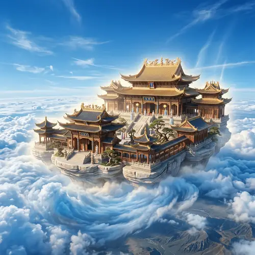 Traditional Chinese Celestial Palace Floating Above Fluffy Clouds