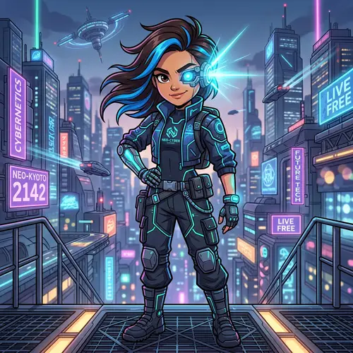 Futuristic Girl with Dark Brown Hair, Blue Streaks & Bionic Eye