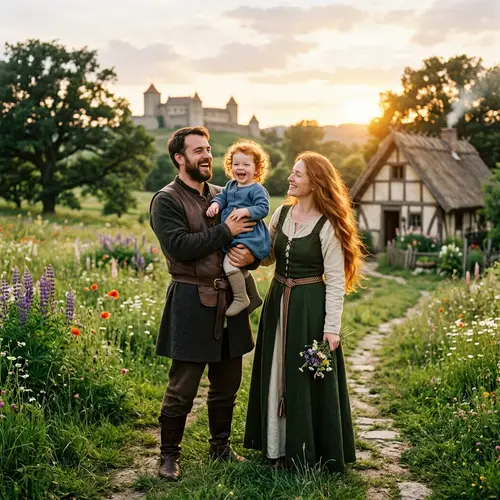 Medieval Family Portrait: Redheaded Mother, Brunette Father, and Toddler Daughter