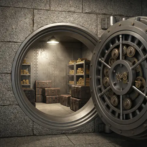 Detailed Image of Metal Vault Door with Rotating Lock Mechanism