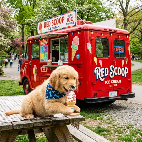 Cute Dog Enjoys Ice Cream from Red Truck