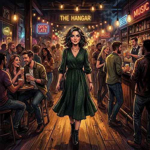Woman in Dark Green Dress at Lively Bar Scene