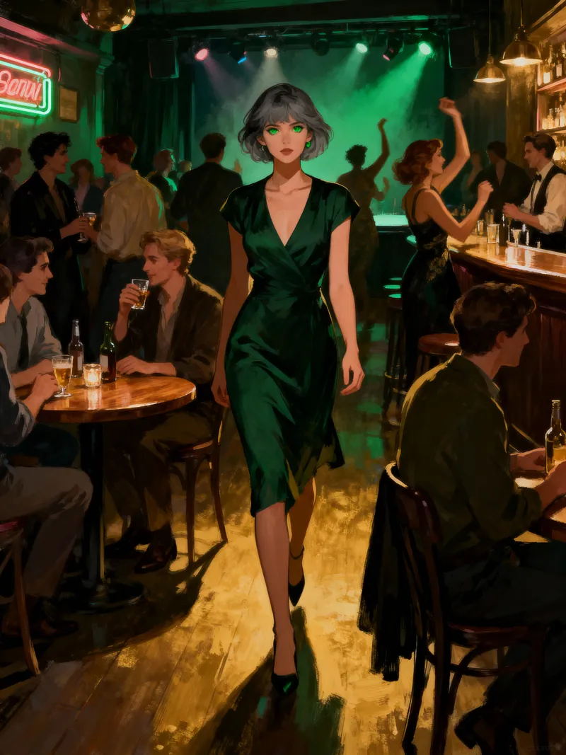 Woman in Dark Green Dress at Lively Bar Scene