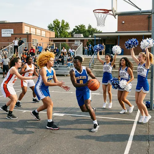 School Basketball Court Scene with Diverse Players and Cheerleaders