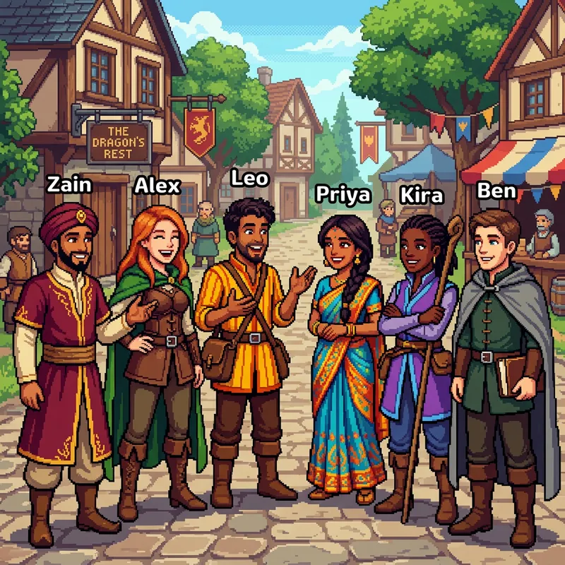 Pixel Art Characters in Vibrant Conversation Pixel Art Characters in Vibrant Conversation