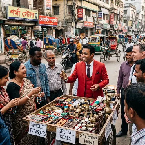 Vibrant South Asian Street Marketer in Red Suit - City Life Scene