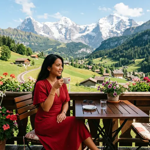 Filipino Lady in Red Dress Enjoying Swiss Summer Landscape