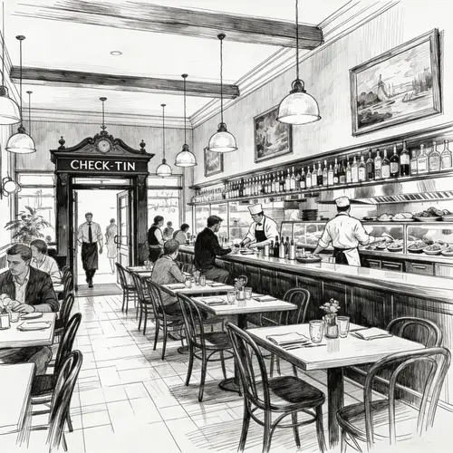 Detailed Restaurant Interior Sketch - Vibrant Atmosphere