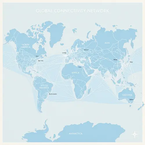 Stylized World Map in Baby Blue with White Infrastructure Network
