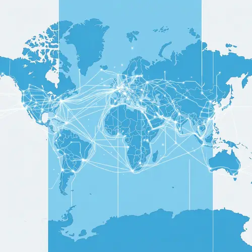 Sky-Blue Vertical World Map with White Infrastructure Network