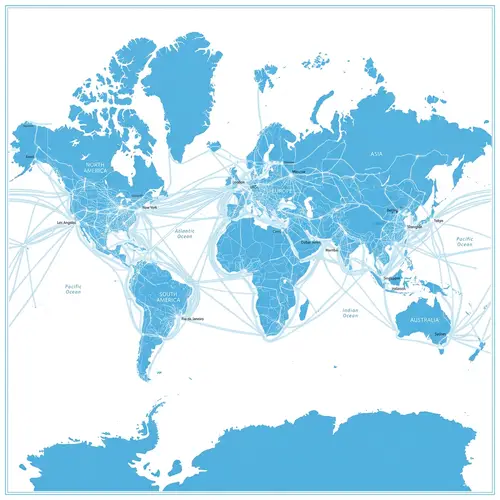 Sky Blue World Map with White Infrastructure Network