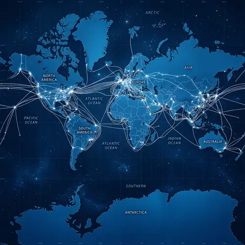 Celestial Blue Flat World Map with White Infrastructure Network