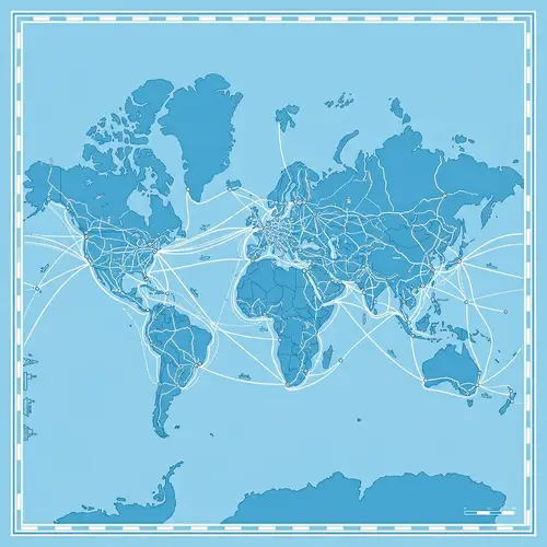 Square Light Blue World Map with White Infrastructure Network
