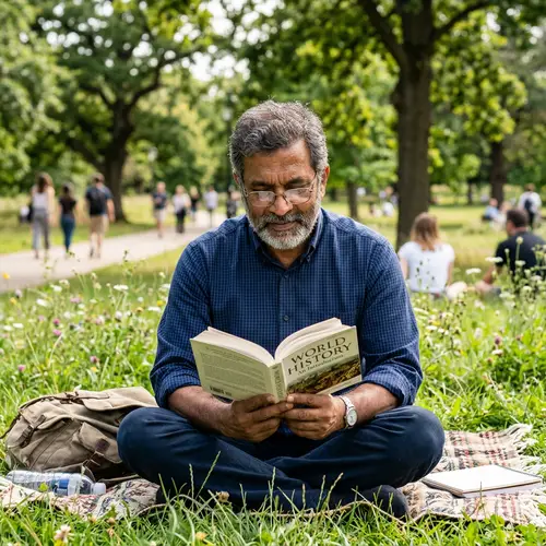 Realistic Front-Face Portrait of Middle-Aged South Asian Man Studying Outdoors