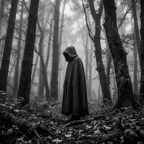 Mysterious Figure in Misty Forest - Gray Tones & Vintage Vibe