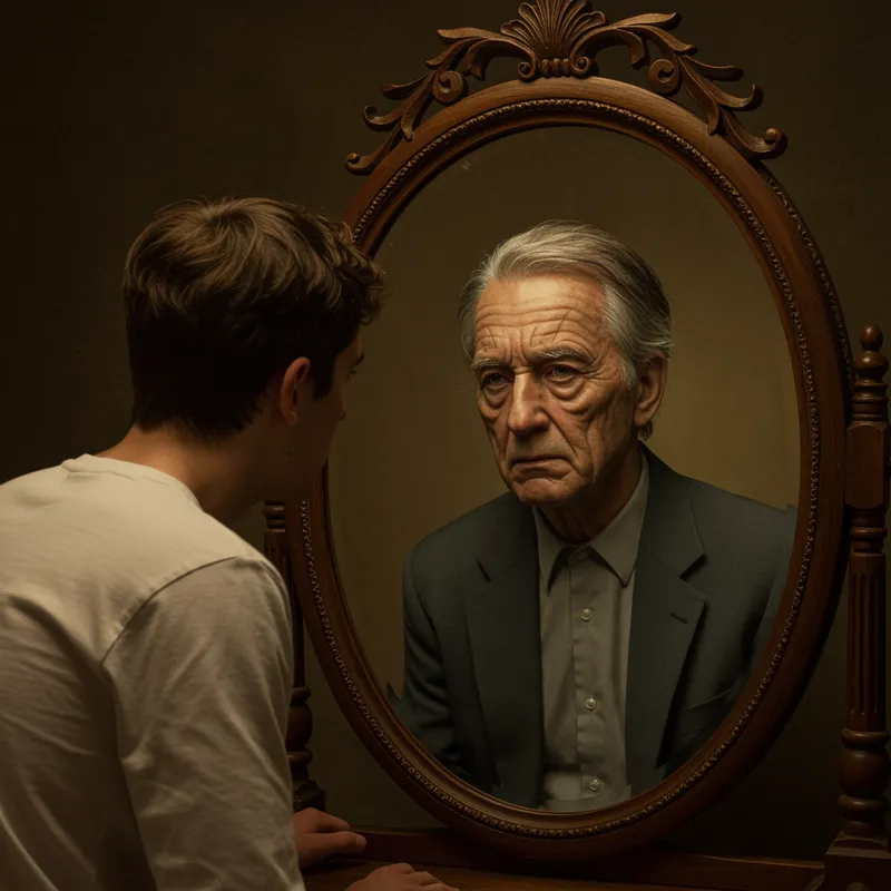 Young Man Sees Old Reflection in Mirror