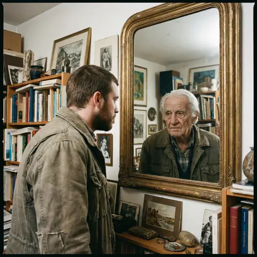 Young Man Sees Old Reflection in Mirror