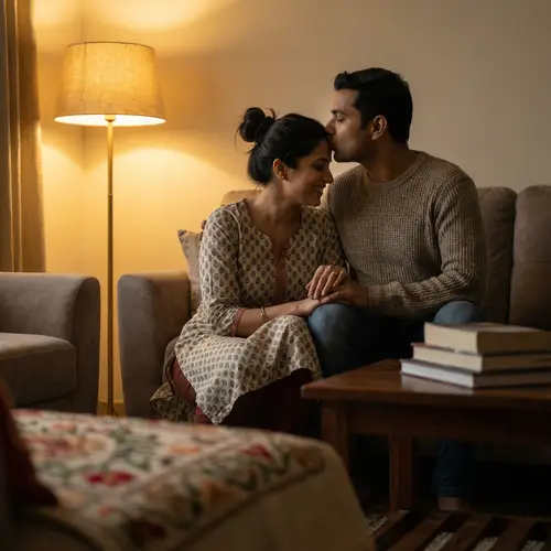 Loving South Asian Couple: Husband Kissing Wife