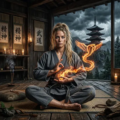 Meditating Young Woman in Martial Arts Attire Summoning Fire at Wooden Dojo