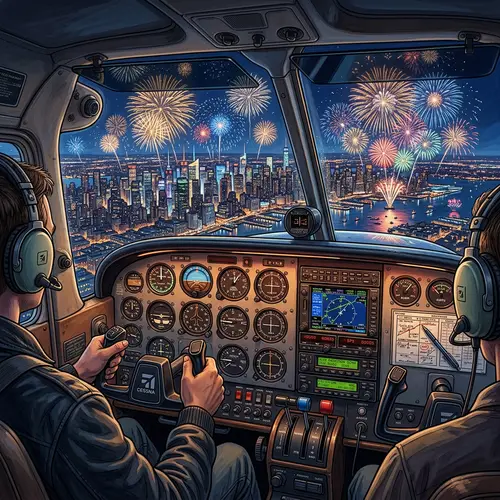 Cessna Airplane Cockpit with New Year's Eve Firework Display