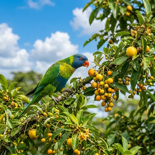 Colorful Parakeet Perched on Lush Tropical Tree - Enchanting Nature Scene