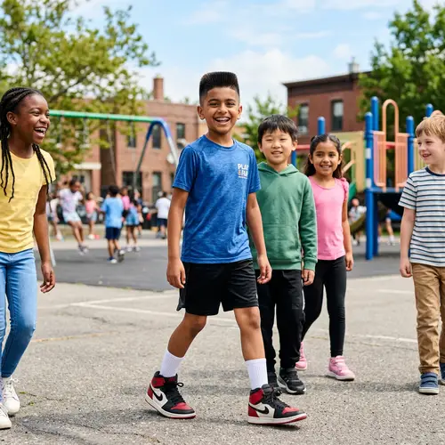 Diverse Children with Flat Haircut and Jordan 1 Shoes - Smiling Child with Braces
