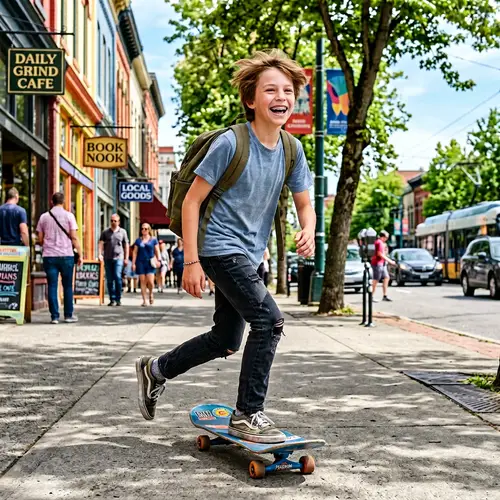 Cheerful Boy Skateboarding with Blue Braces